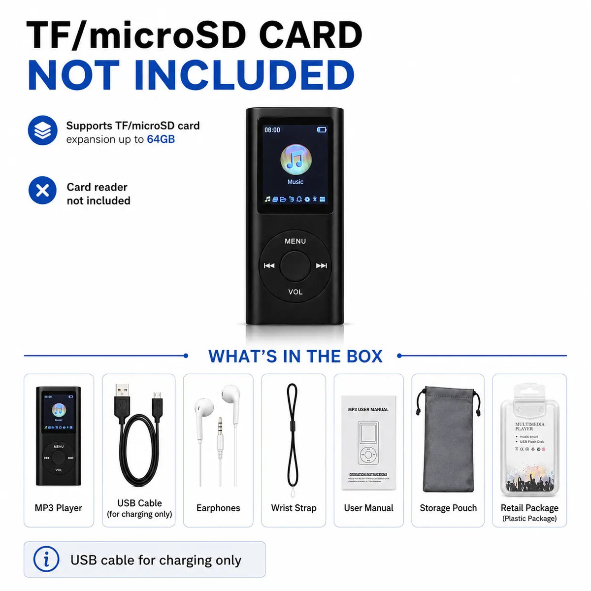 Portable Color Screen MP3 Player - Rechargeable Portable Players with USB Cable, APE & Multiple Audio Formats Support, Lightweight for Walking, Commuting | Music Accessories | Micro SD Card Sold Separately