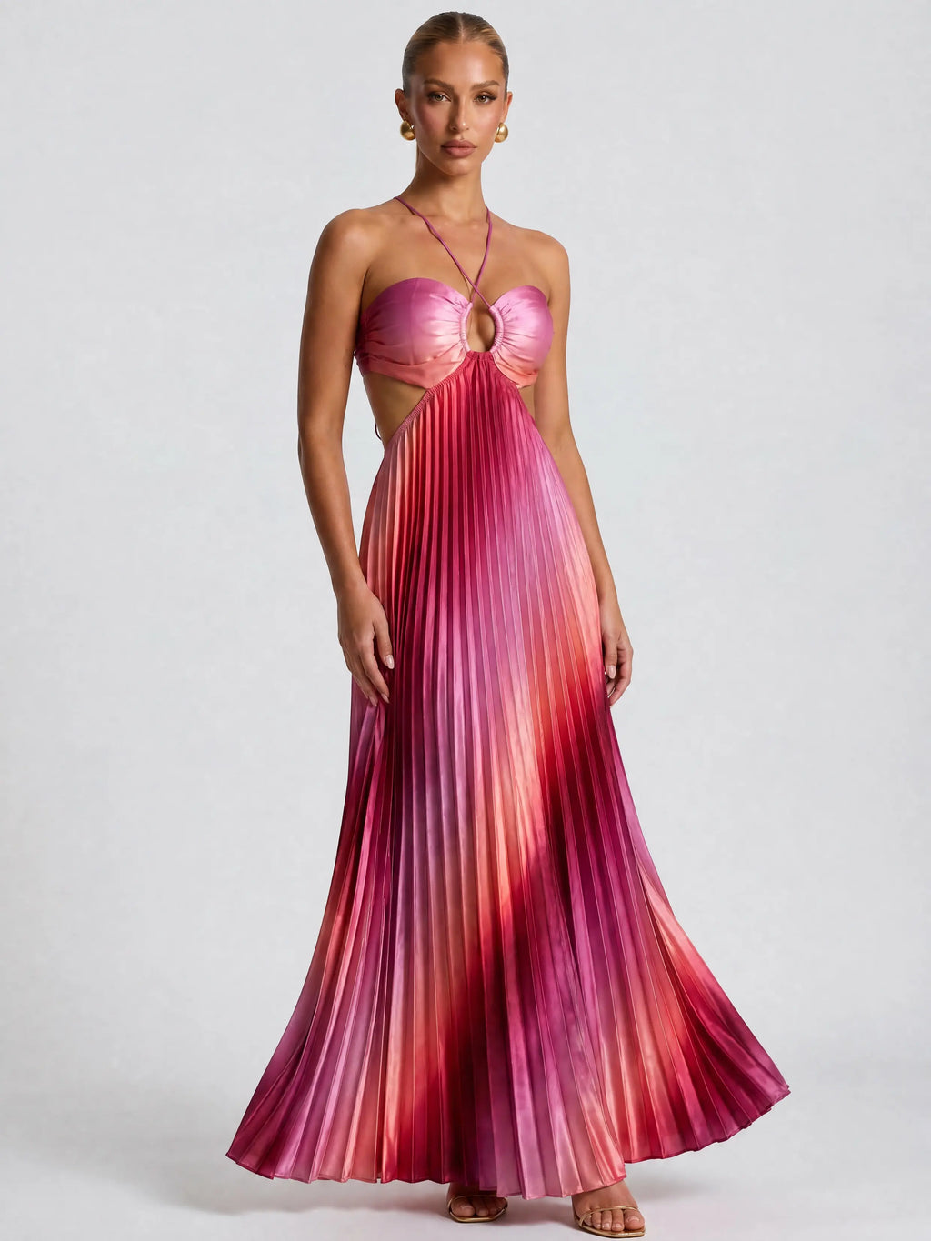 Likemychoice Women'S Formal Satin Maxi Dress - 2026 Halter, Cutout, Gradient Print, Light Statement Gown for Party, Vacation