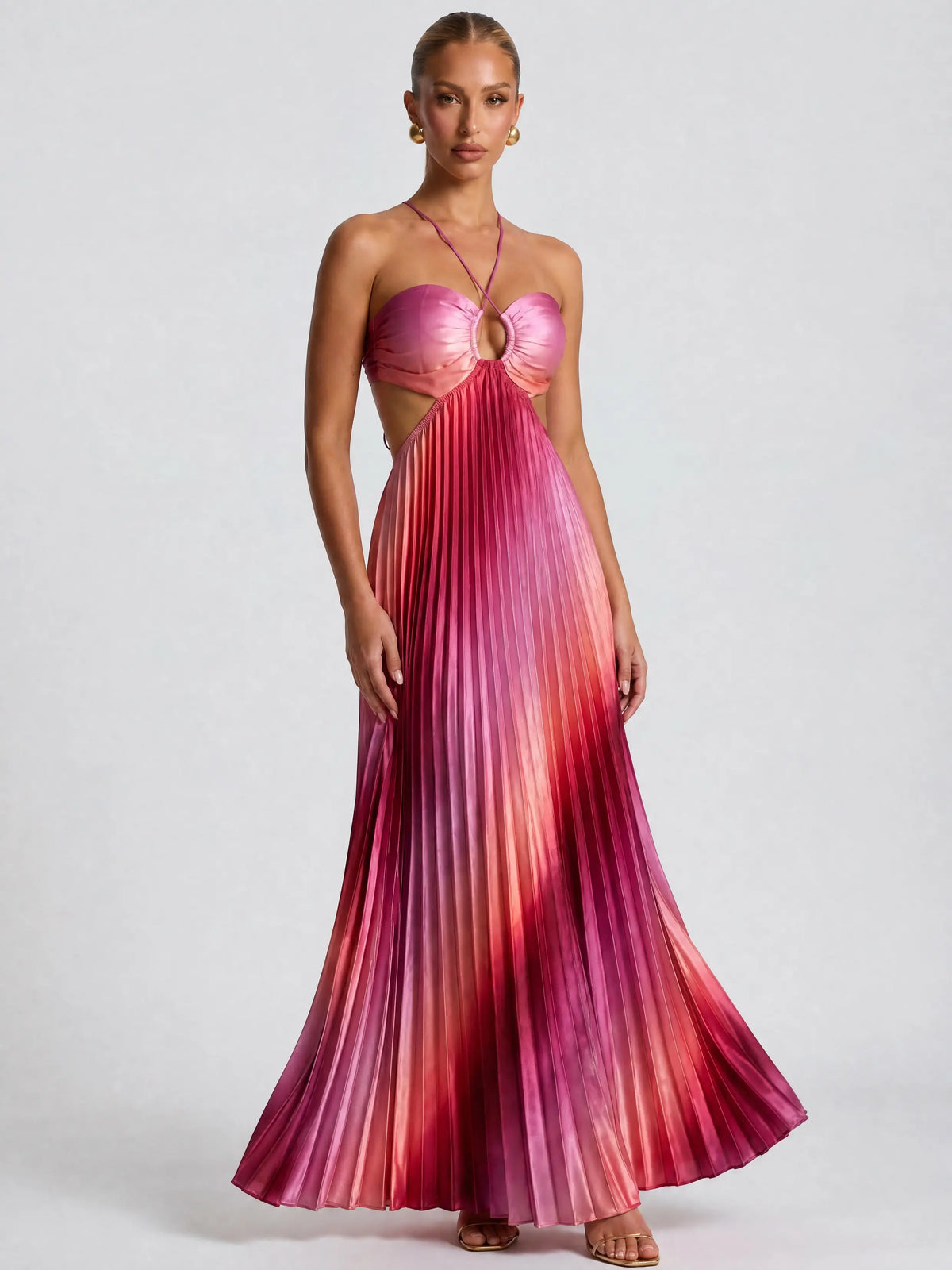 Likemychoice Women'S Formal Satin Maxi Dress - 2026 Halter, Cutout, Gradient Print, Light Statement Gown for Party, Vacation