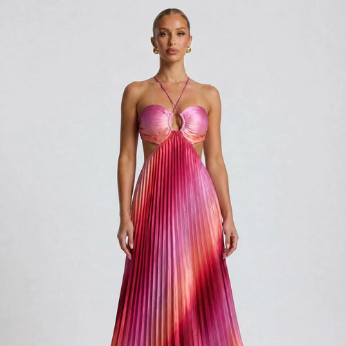 Likemychoice Women'S Formal Satin Maxi Dress - 2026 Halter, Cutout, Gradient Print, Light Statement Gown for Party, Vacation