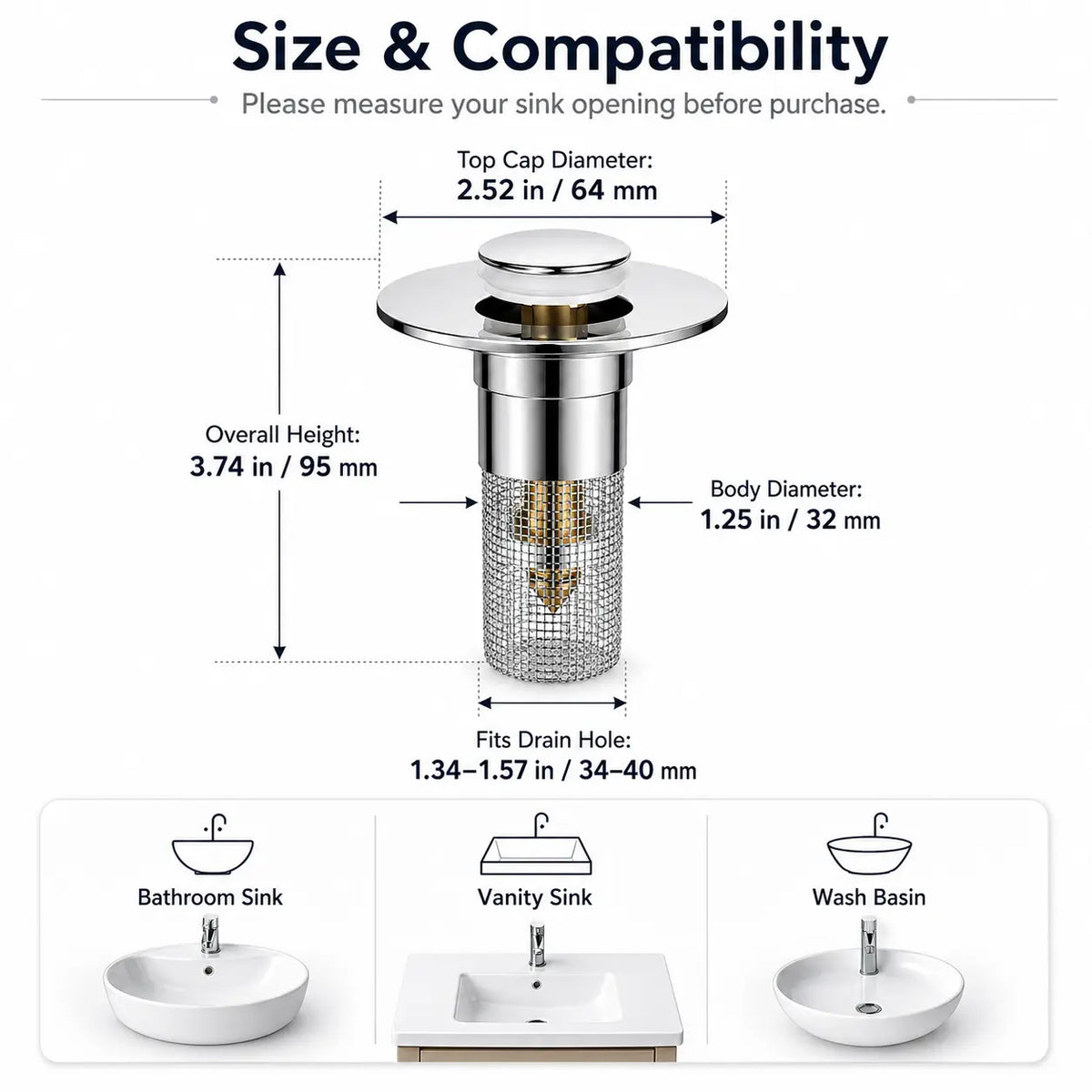 Universal Pop-Up Sink Drain Stopper with Stainless Steel Filter Basket Anti-Clog Debris Catcher Easy Install for Bathroom Kitchen