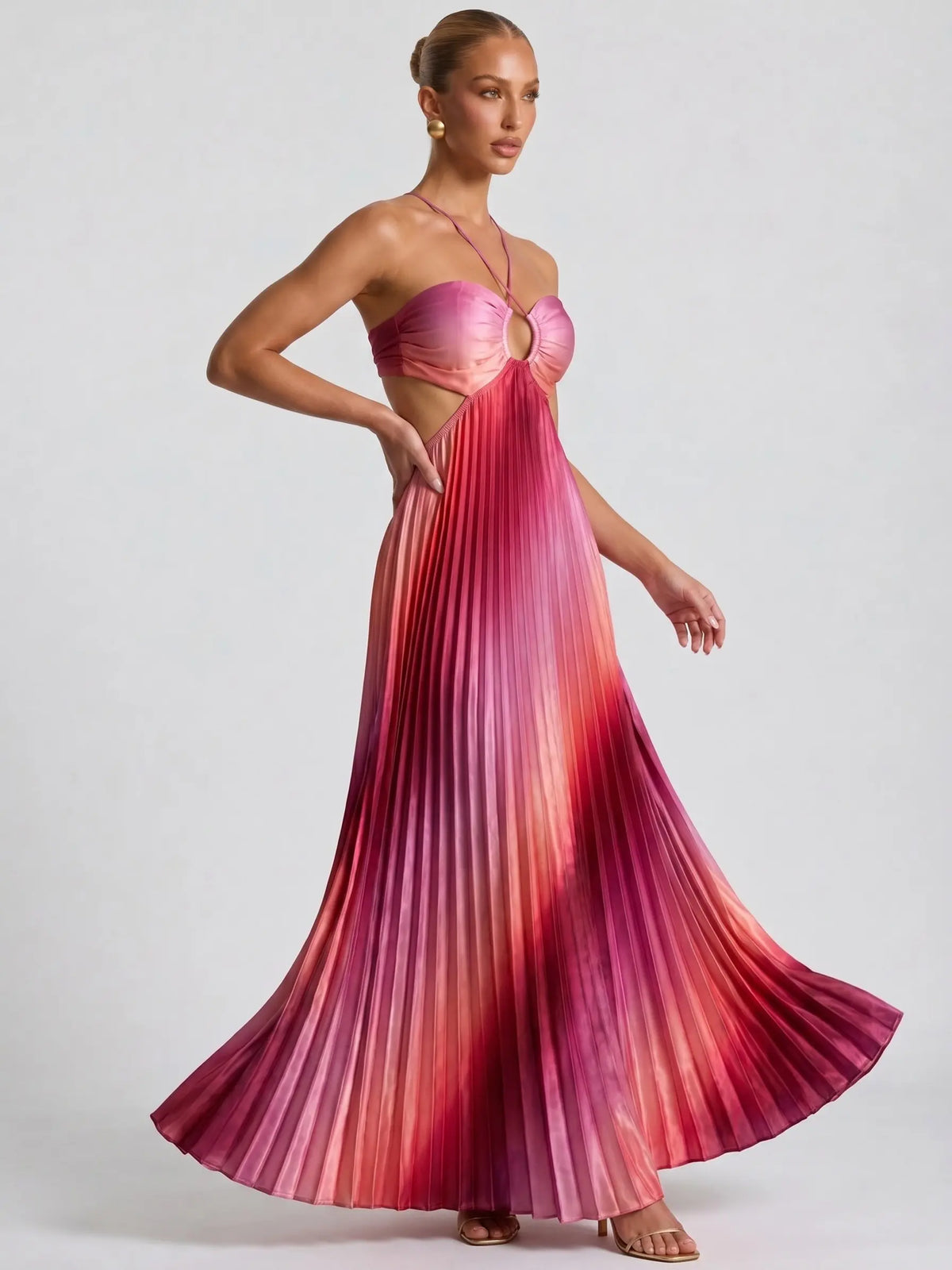 Likemychoice Women'S Formal Satin Maxi Dress - 2026 Halter, Cutout, Gradient Print, Light Statement Gown for Party, Vacation